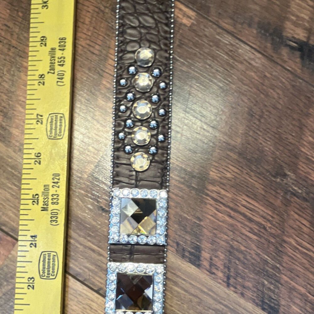 Brown Western Wide Belt M Rhinestone Studded Adjustable Buckle Women - Picture 5 of 8
